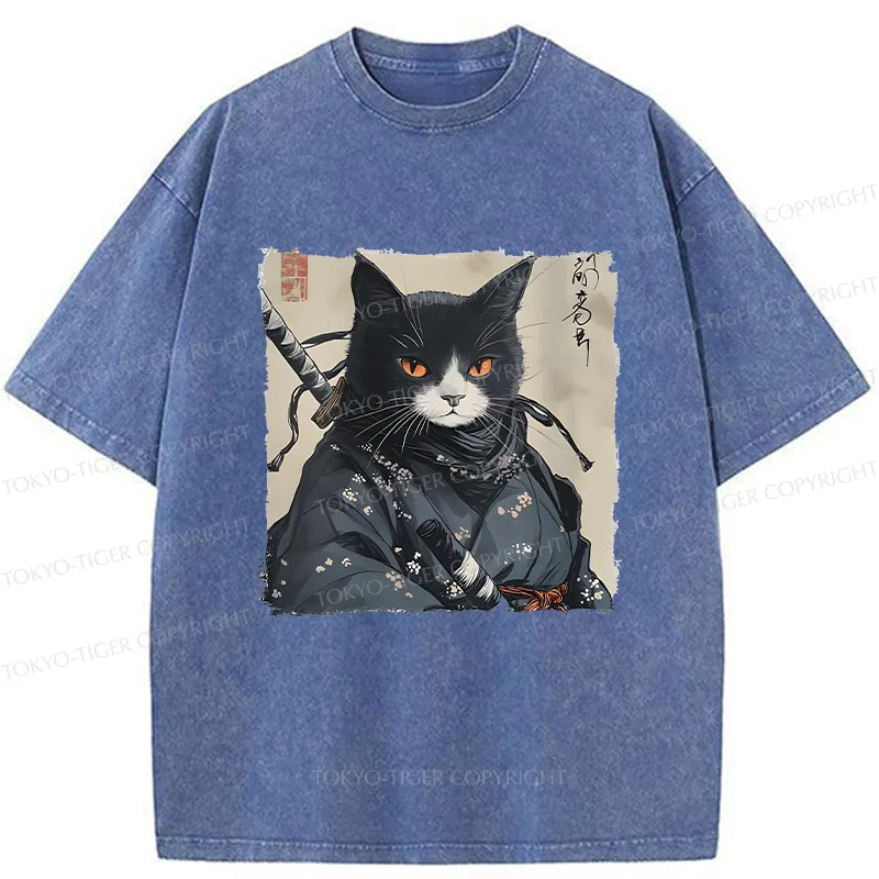 Tokyo-Tiger Handsome Samurai Cat Washed T-Shirt