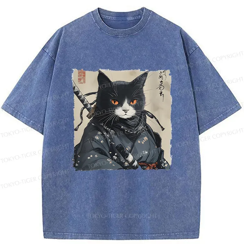 Tokyo-Tiger Handsome Samurai Cat Washed T-Shirt