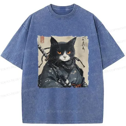 Tokyo-Tiger Handsome Samurai Cat Washed T-Shirt