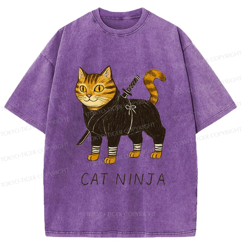 Tokyo-Tiger Cute Ninja Cat Washed T-Shirt