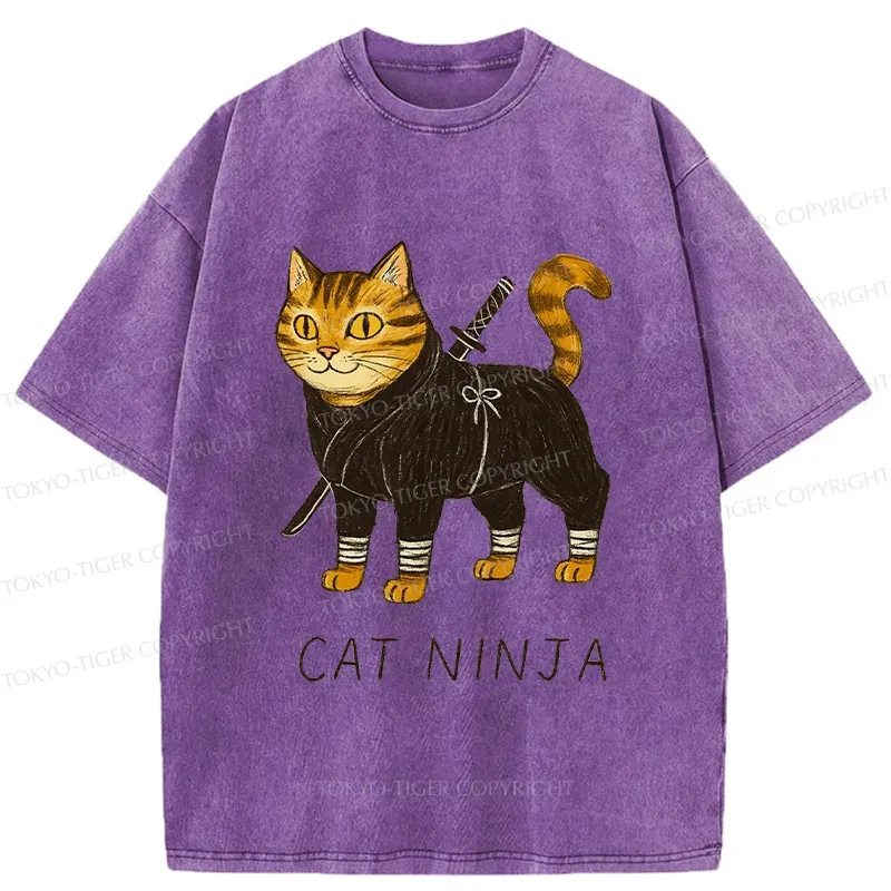 Tokyo-Tiger Cute Ninja Cat Washed T-Shirt