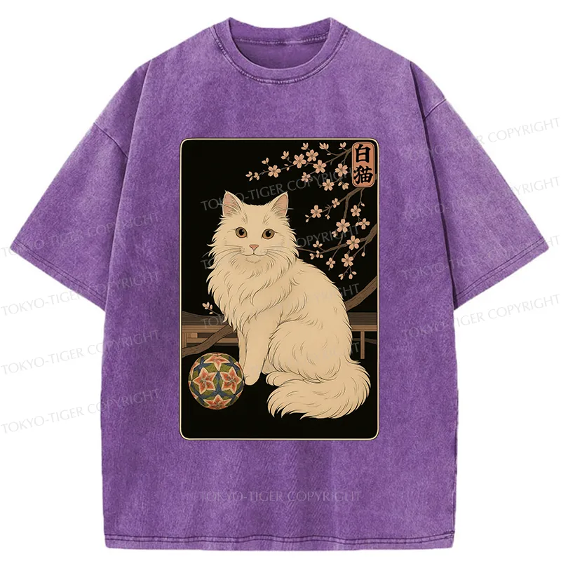 Tokyo-Tiger Retro White Cat Washed T-Shirt