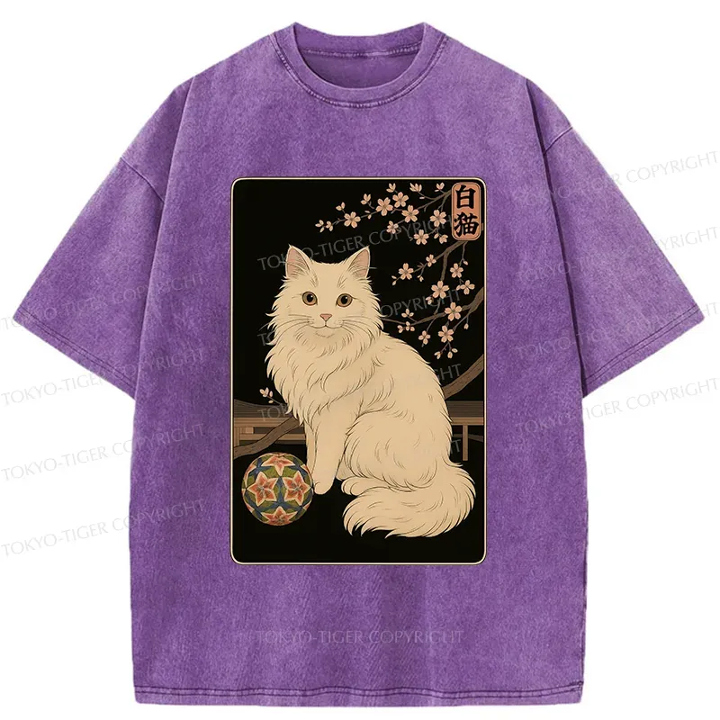 Tokyo-Tiger Retro White Cat Washed T-Shirt