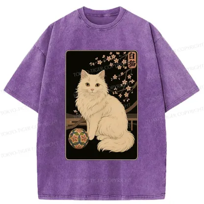 Tokyo-Tiger Retro White Cat Washed T-Shirt