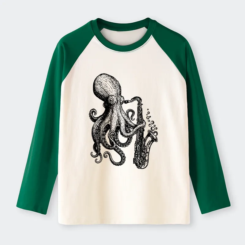 Tokyo-Tiger Octopus Playing Saxophone Raglan Long Sleeve T-shirt