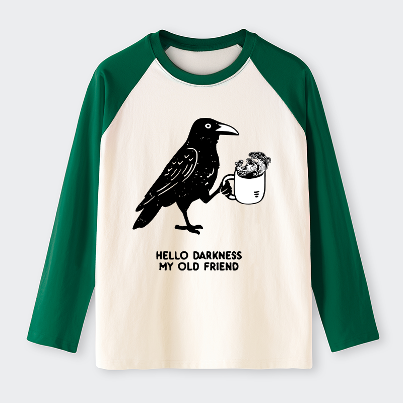 Tokyo-Tiger Crow Drinking Black Coffee Funny Raglan Long Sleeve T-shirt