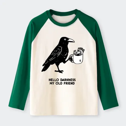 Tokyo-Tiger Crow Drinking Black Coffee Funny Raglan Long Sleeve T-shirt