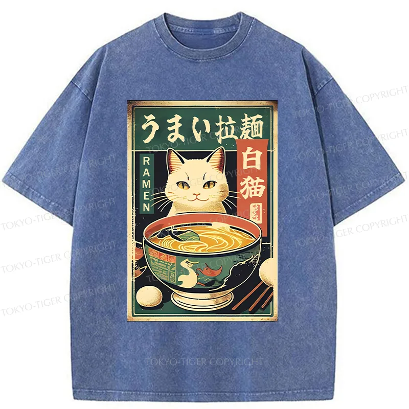 Tokyo-Tiger White Cat Eating Ramen Washed T-Shirt