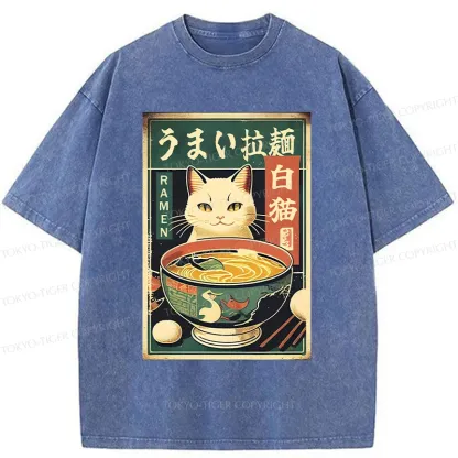 Tokyo-Tiger White Cat Eating Ramen Washed T-Shirt