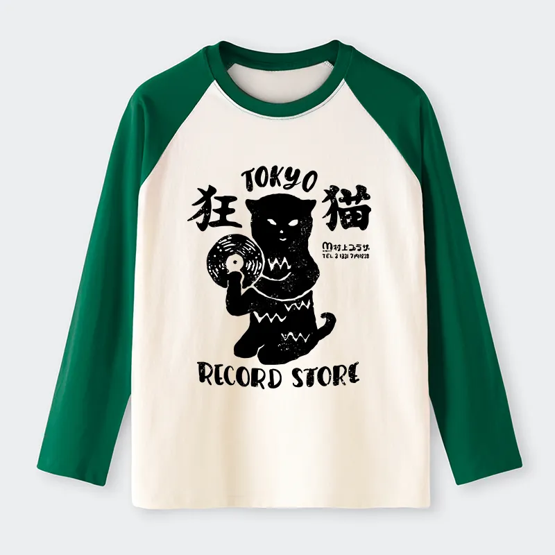 Tokyo-Tiger Tokyo Record Store Cat CD Raglan Long Sleeve T-shirt