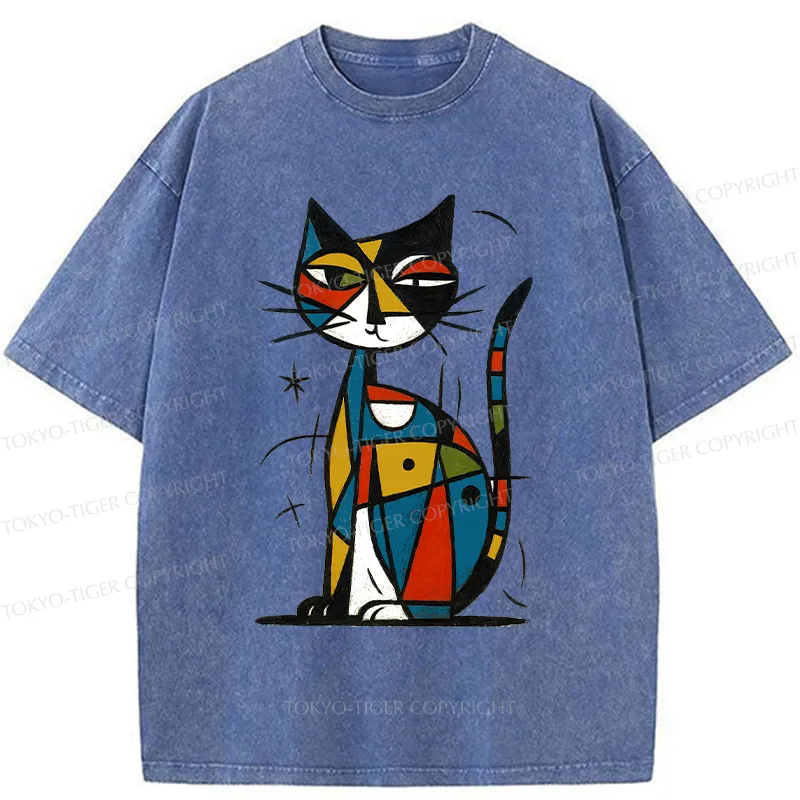 Tokyo-Tiger Abstract Japanese Cat Washed T-Shirt
