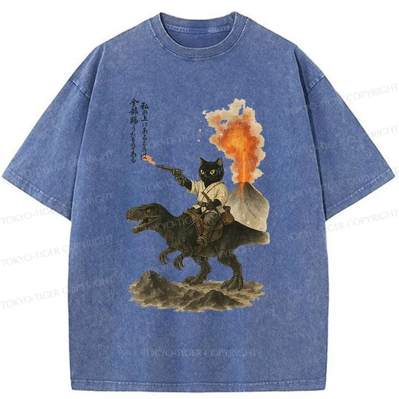 Tokyo-Tiger Cat Riding A Dinosaur Washed T-Shirt
