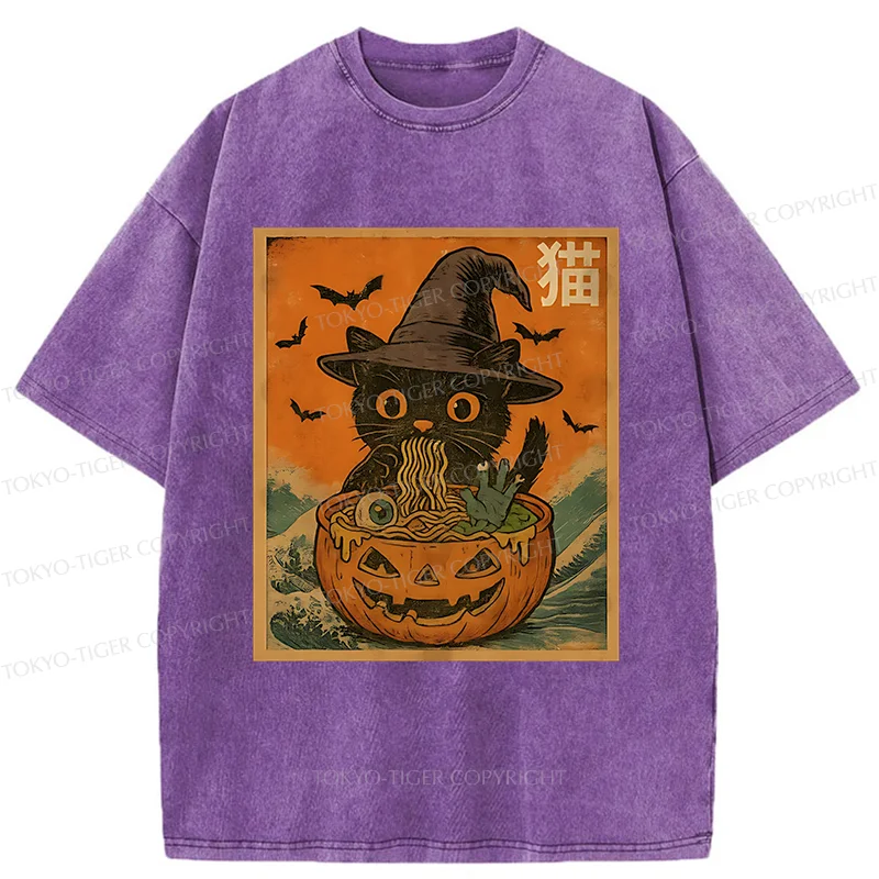 Tokyo-Tiger Halloween Cat Eating Ramen Washed T-Shirt