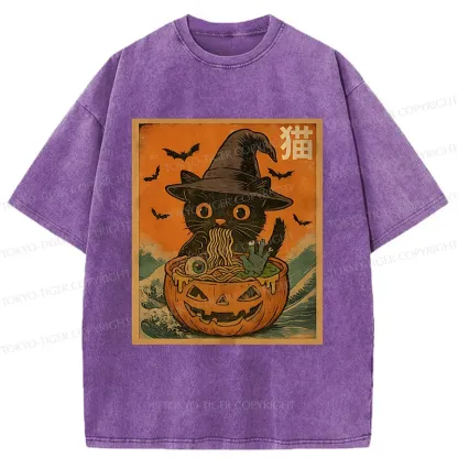 Tokyo-Tiger Halloween Cat Eating Ramen Washed T-Shirt