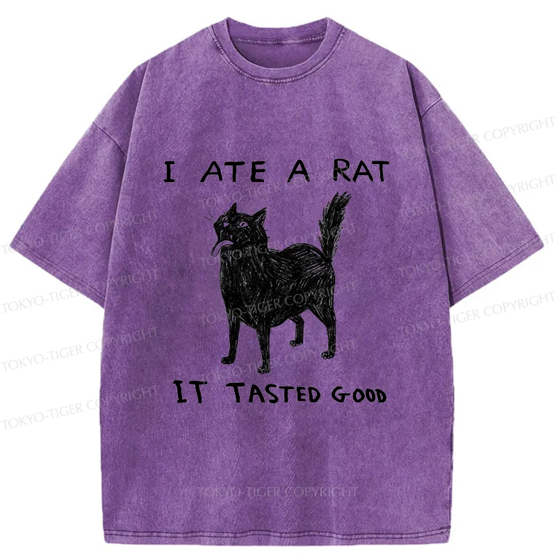 Tokyo-Tiger Cat Tasting Delicious Mouse Washed T-Shirt