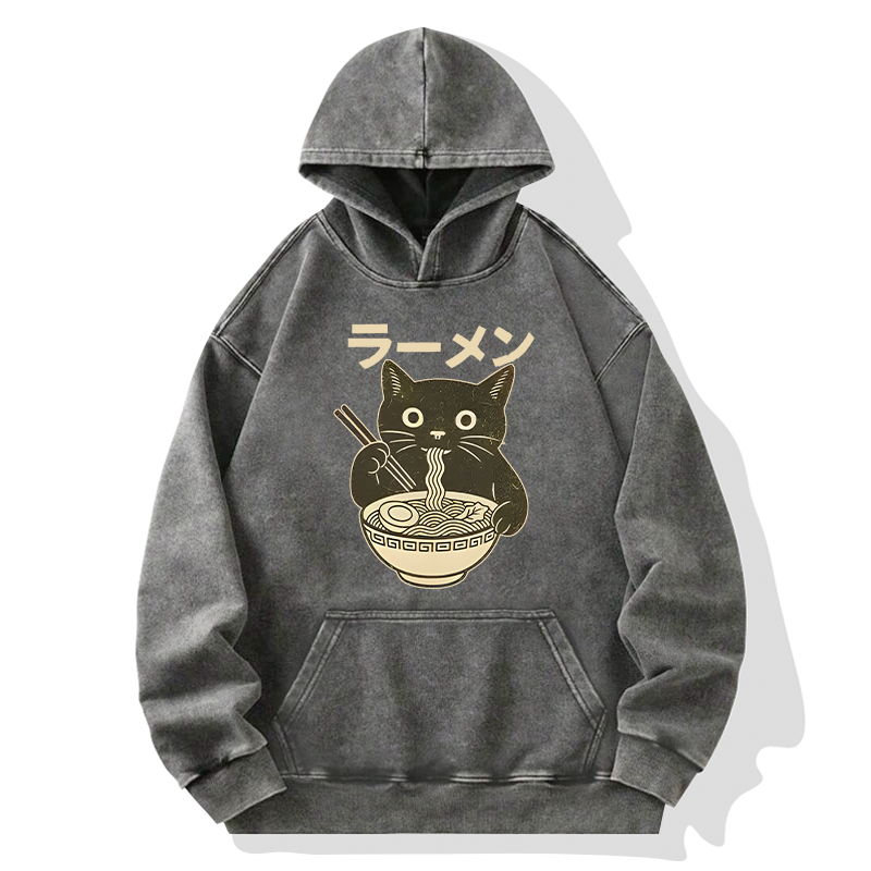 Tokyo-Tiger Simple Black Cat Eating Ramen Washed Hoodie