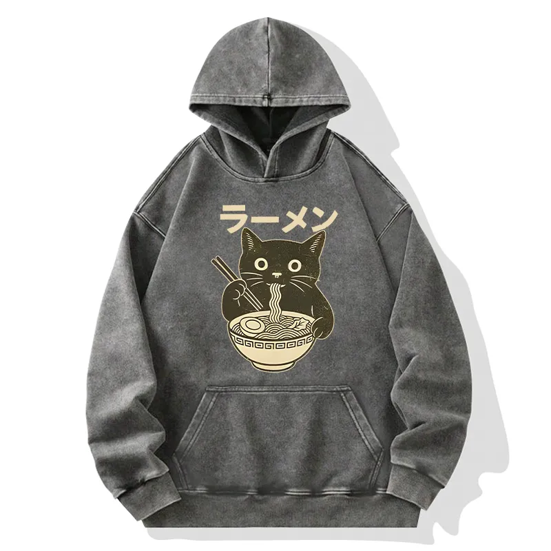 Tokyo-Tiger Simple Black Cat Eating Ramen Washed Hoodie