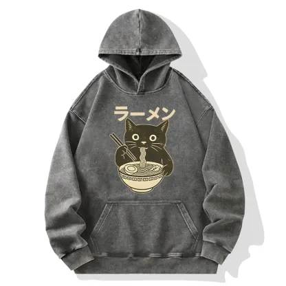 Tokyo-Tiger Simple Black Cat Eating Ramen Washed Hoodie