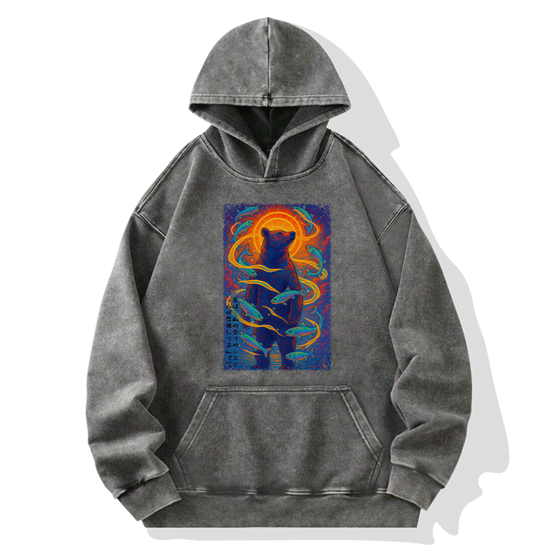 Tokyo-Tiger Ukiyoe Bear and Fish Washed Hoodie