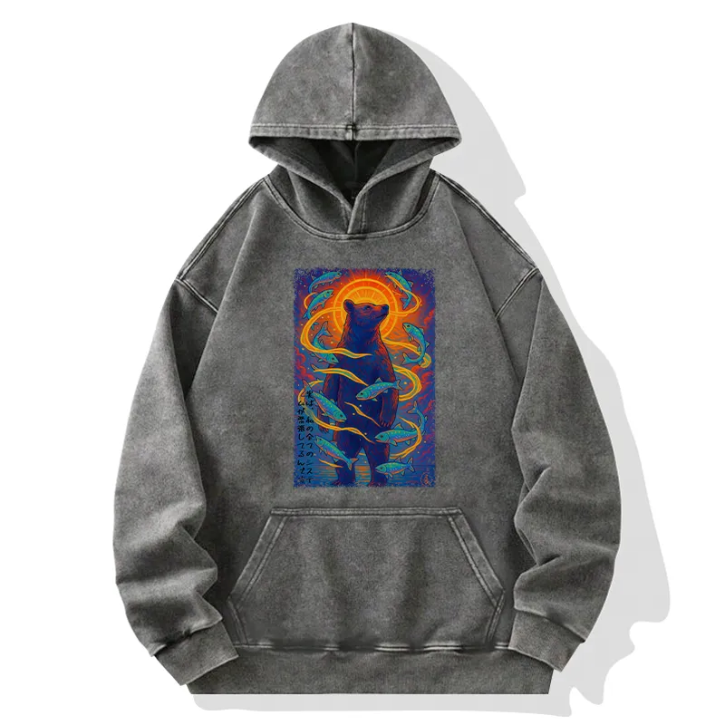 Tokyo-Tiger Ukiyoe Bear and Fish Washed Hoodie