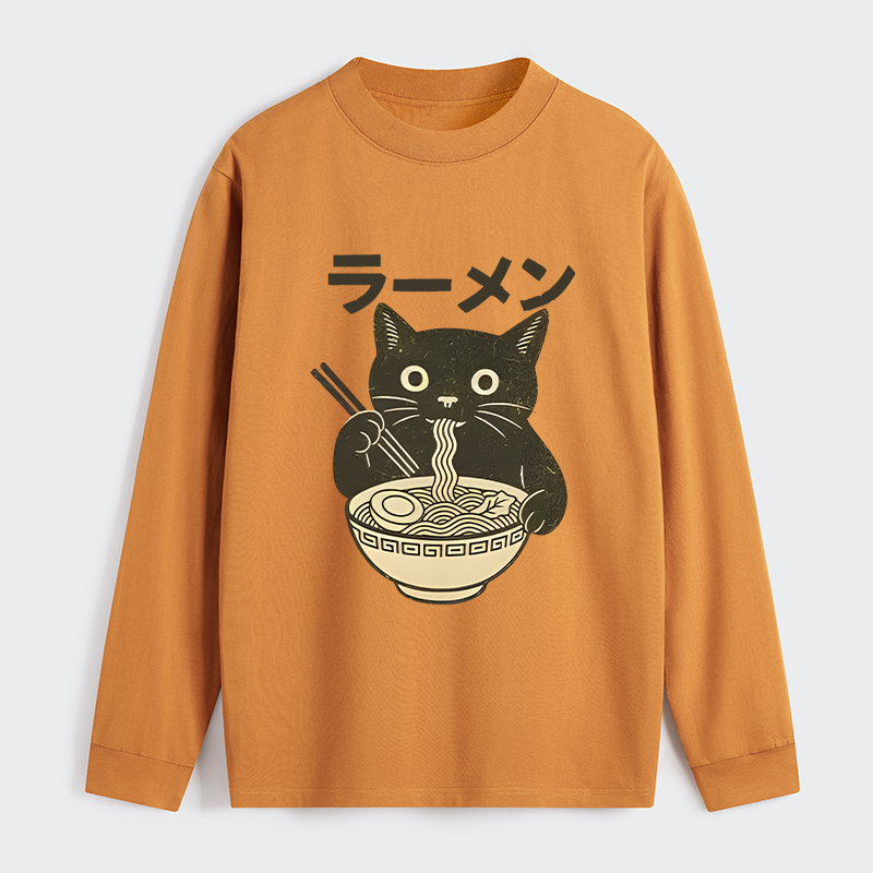 Tokyo-Tiger Simple Black Cat Eating Ramen Classic Long Sleeve T-Shirt