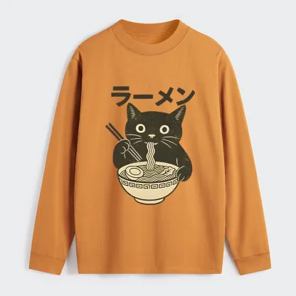 Tokyo-Tiger Simple Black Cat Eating Ramen Classic Long Sleeve T-Shirt