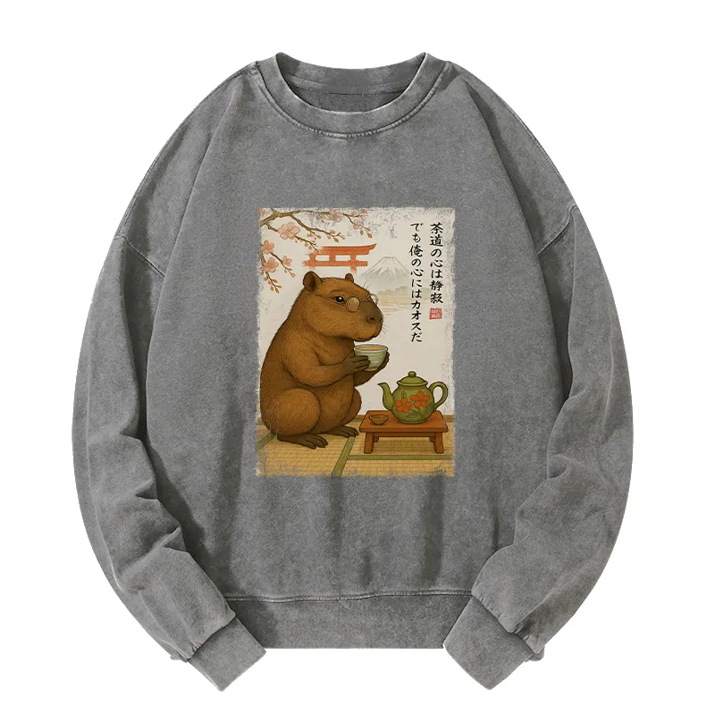 Tokyo-Tiger Tea Time With a Capybara Washed Sweatshirt Sale