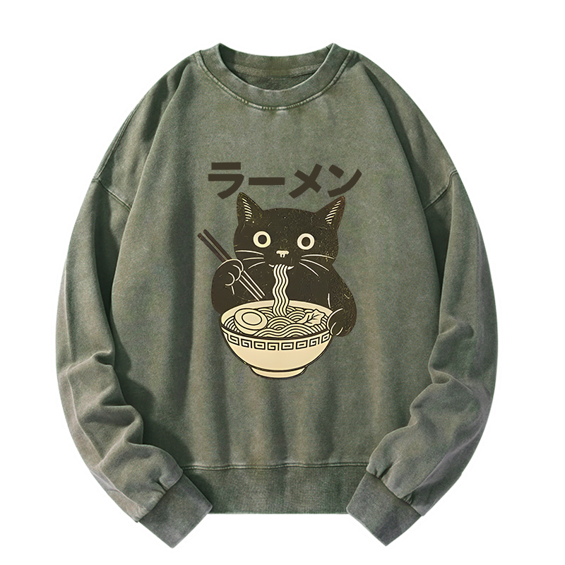 Tokyo-Tiger Simple Black Cat Eating Ramen Washed Sweatshirt