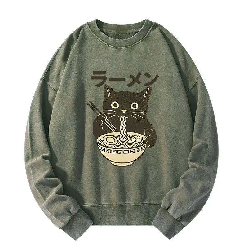 Tokyo-Tiger Simple Black Cat Eating Ramen Washed Sweatshirt