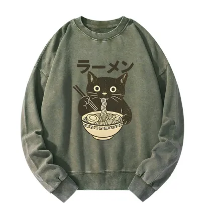Tokyo-Tiger Simple Black Cat Eating Ramen Washed Sweatshirt