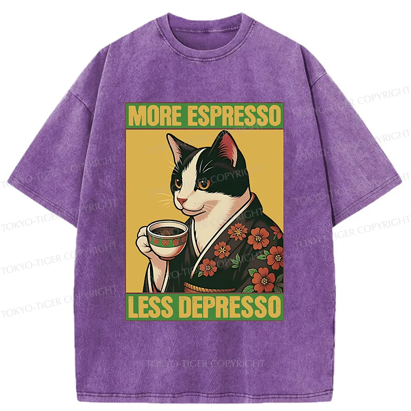 Tokyo-Tiger Tuxedo Cat Drinking Coffee Washed T-Shirt