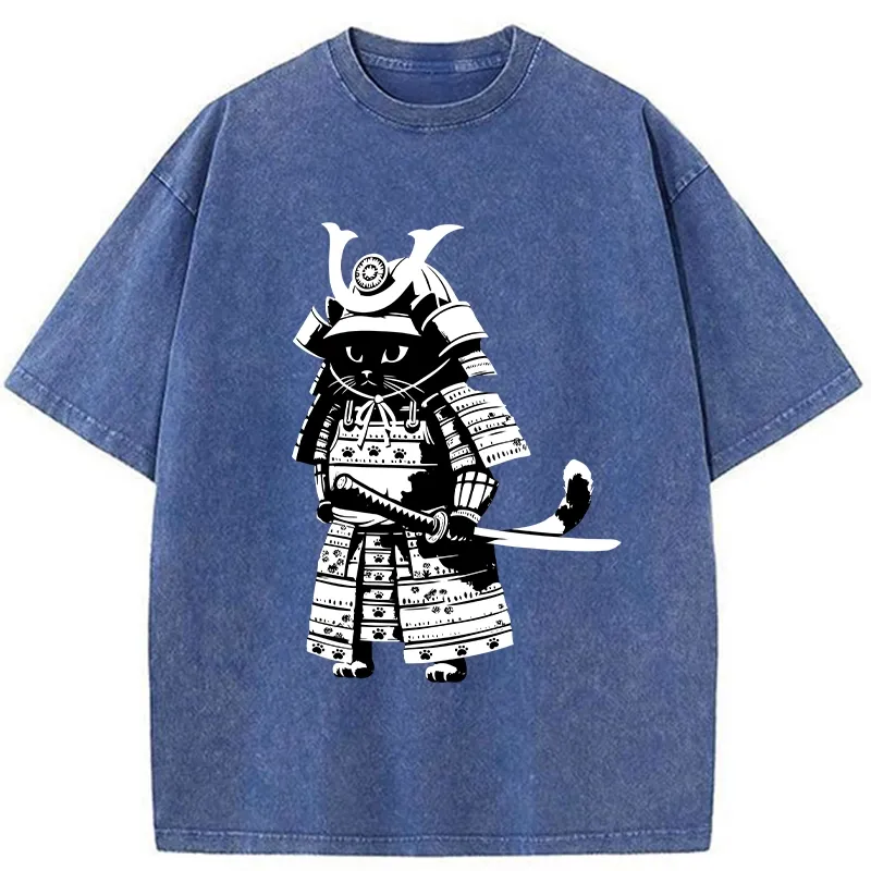 Tokyo-Tiger Japanese Samurai Black Cat Washed T-Shirt