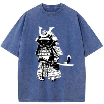 Tokyo-Tiger Japanese Samurai Black Cat Washed T-Shirt