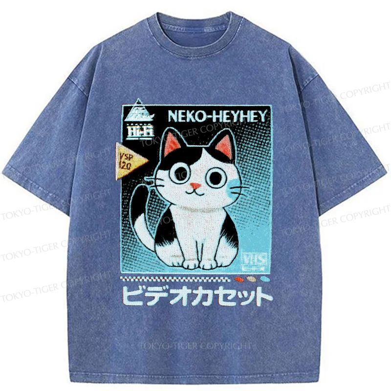 Tokyo-Tiger Retro Cat Videos Washed T-Shirt