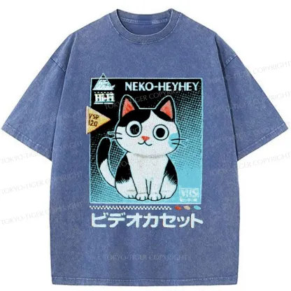 Tokyo-Tiger Retro Cat Videos Washed T-Shirt