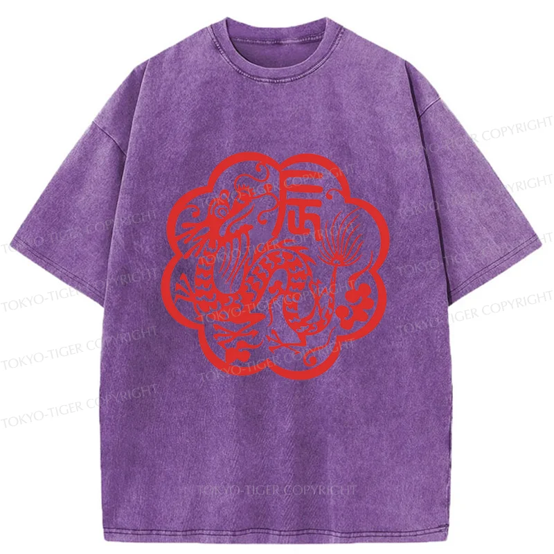 Tokyo-Tiger Dragon Paper Cutting Washed T-Shirt