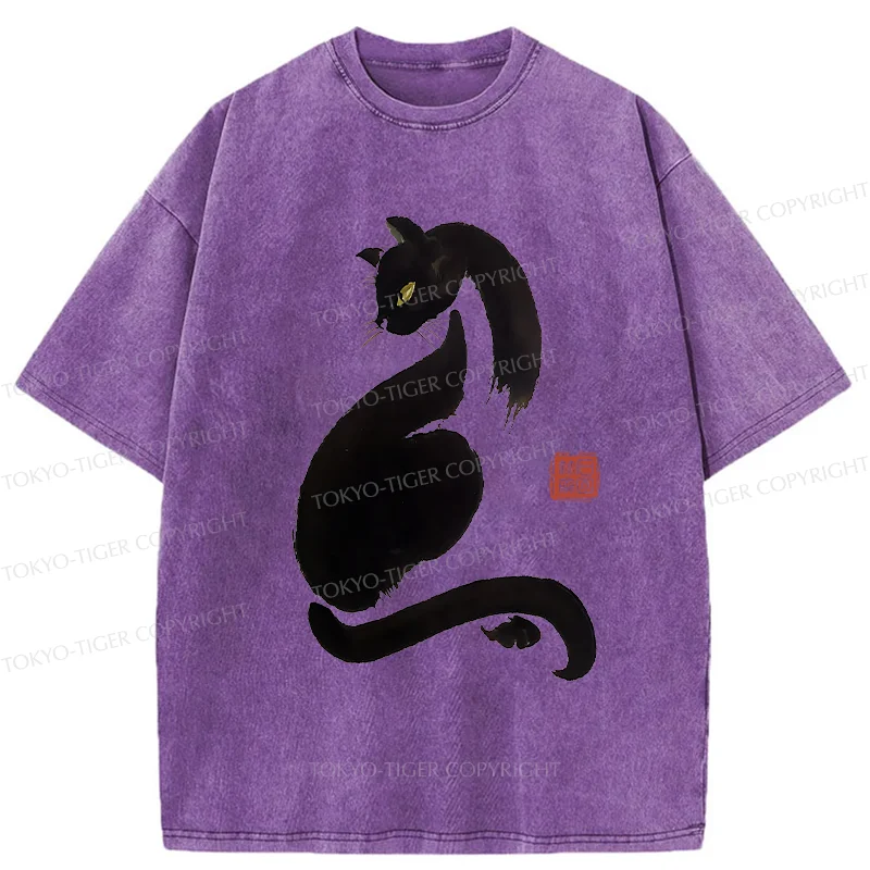 Tokyo-Tiger Elegant Black Cat Washed T-Shirt