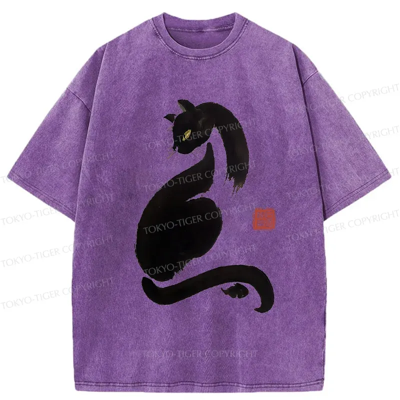 Tokyo-Tiger Elegant Black Cat Washed T-Shirt