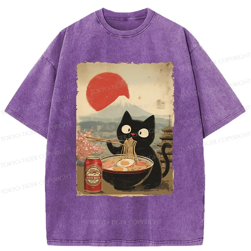 Tokyo-Tiger Cat Eating Ramen And Drinking Beer Washed T-Shirt