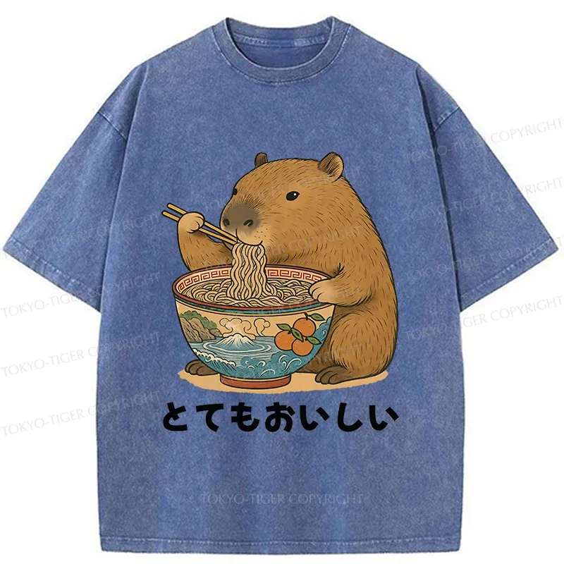 Tokyo-Tiger Capybara Eating Ramen Japan Washed T-Shirt