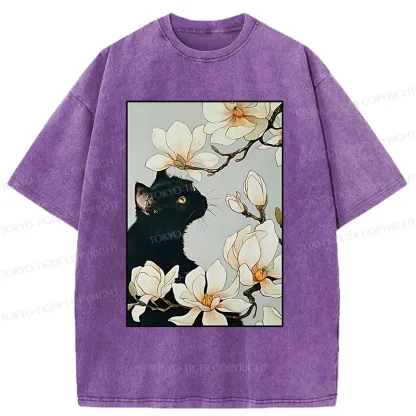 Tokyo-Tiger Cat Under Magnolia Blossoms Washed T-Shirt