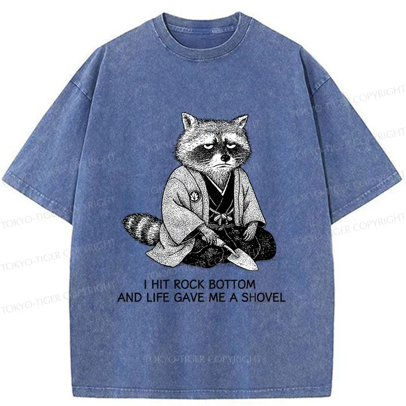 Tokyo-Tiger Raccoon Holding A Shovel Funny Washed T-Shirt Sale