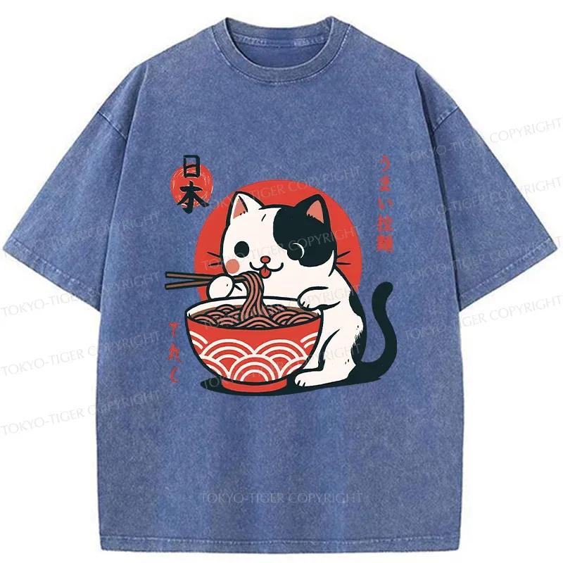 Tokyo-Tiger Cute Kitten Eating Ramen Washed T-Shirt Sale