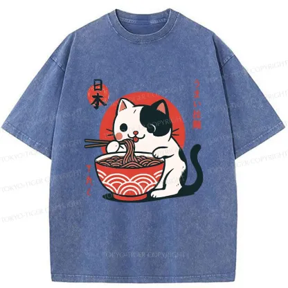 Tokyo-Tiger Cute Kitten Eating Ramen Washed T-Shirt
