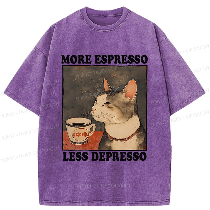 Tokyo-Tiger Cute Cat Drinking Coffee Washed T-Shirt