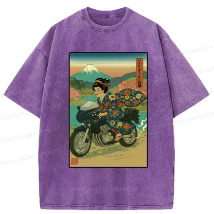 Tokyo-Tiger Geisha Riding A Motorcycle Washed T-Shirt