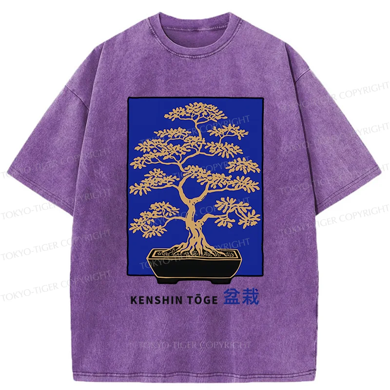 Tokyo-Tiger Japanese Bonsai Woodcut Washed T-Shirt