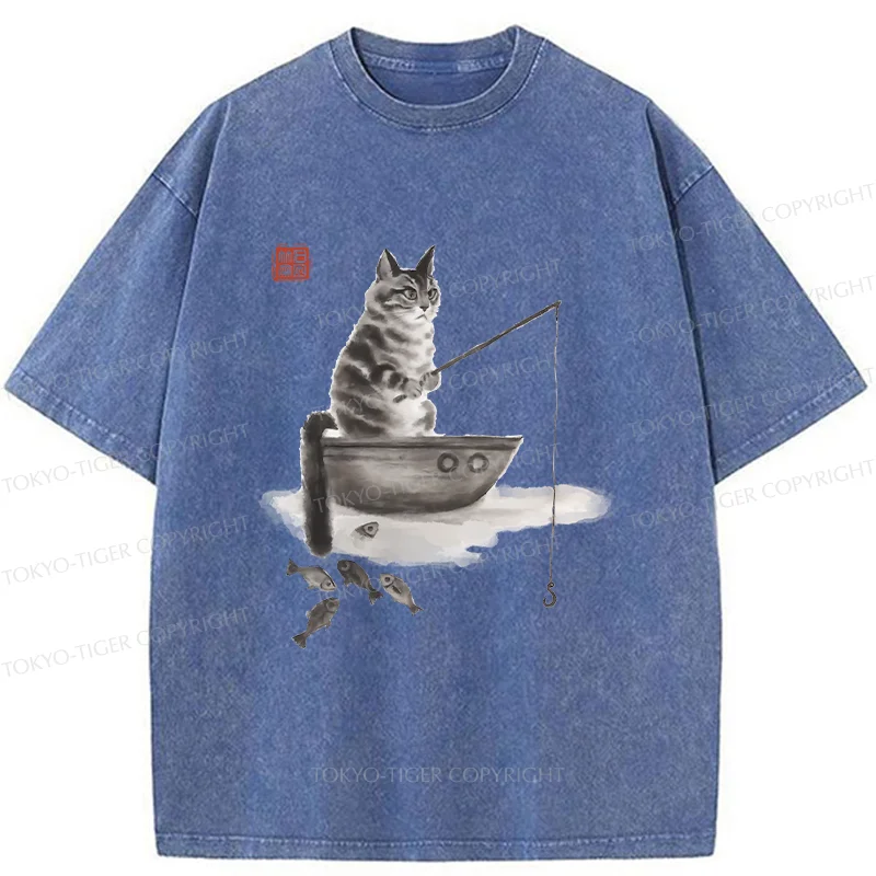 Tokyo-Tiger Cat Fishing Washed T-Shirt