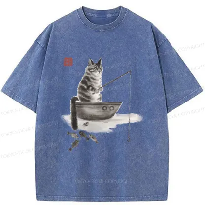 Tokyo-Tiger Cat Fishing Washed T-Shirt
