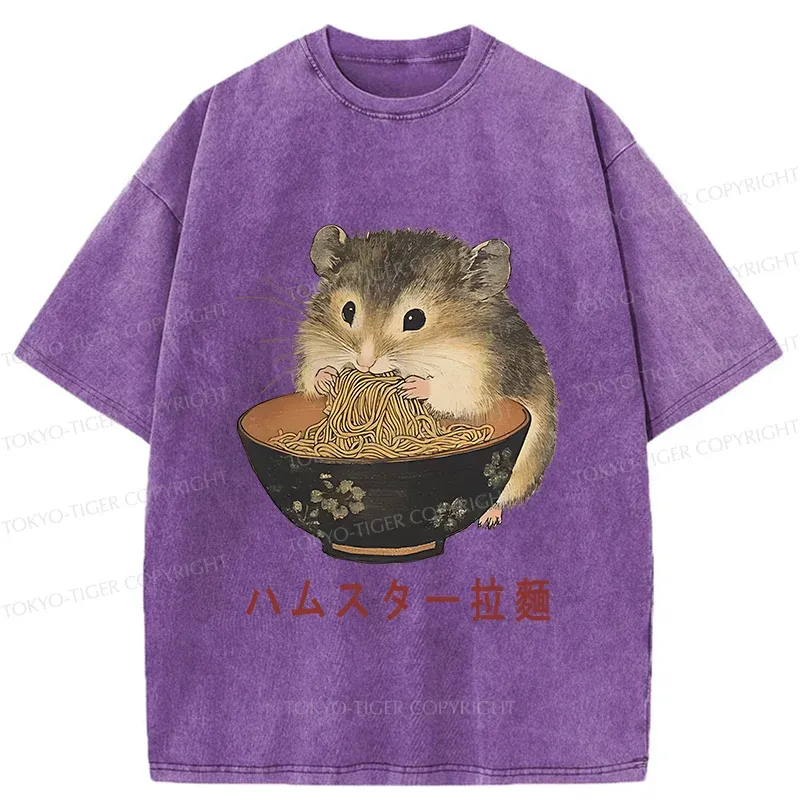 Tokyo-Tiger Hamster Eating Ramen Washed T-Shirt